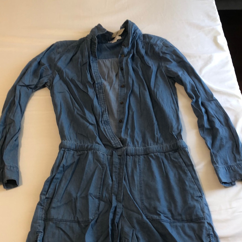 Loft size small denim romper. Never been worn. Mid length sleeves